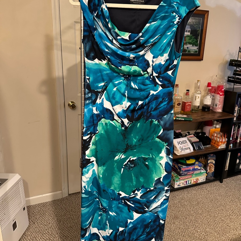 Elegant Floral Blue and Green Dress